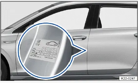 Plaquette pression pneus Volkswagen ID.4 montant porte conducteur emplacement